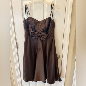 Jessica McClintock Spaghetti Strap Brown Satin Dress with Bow